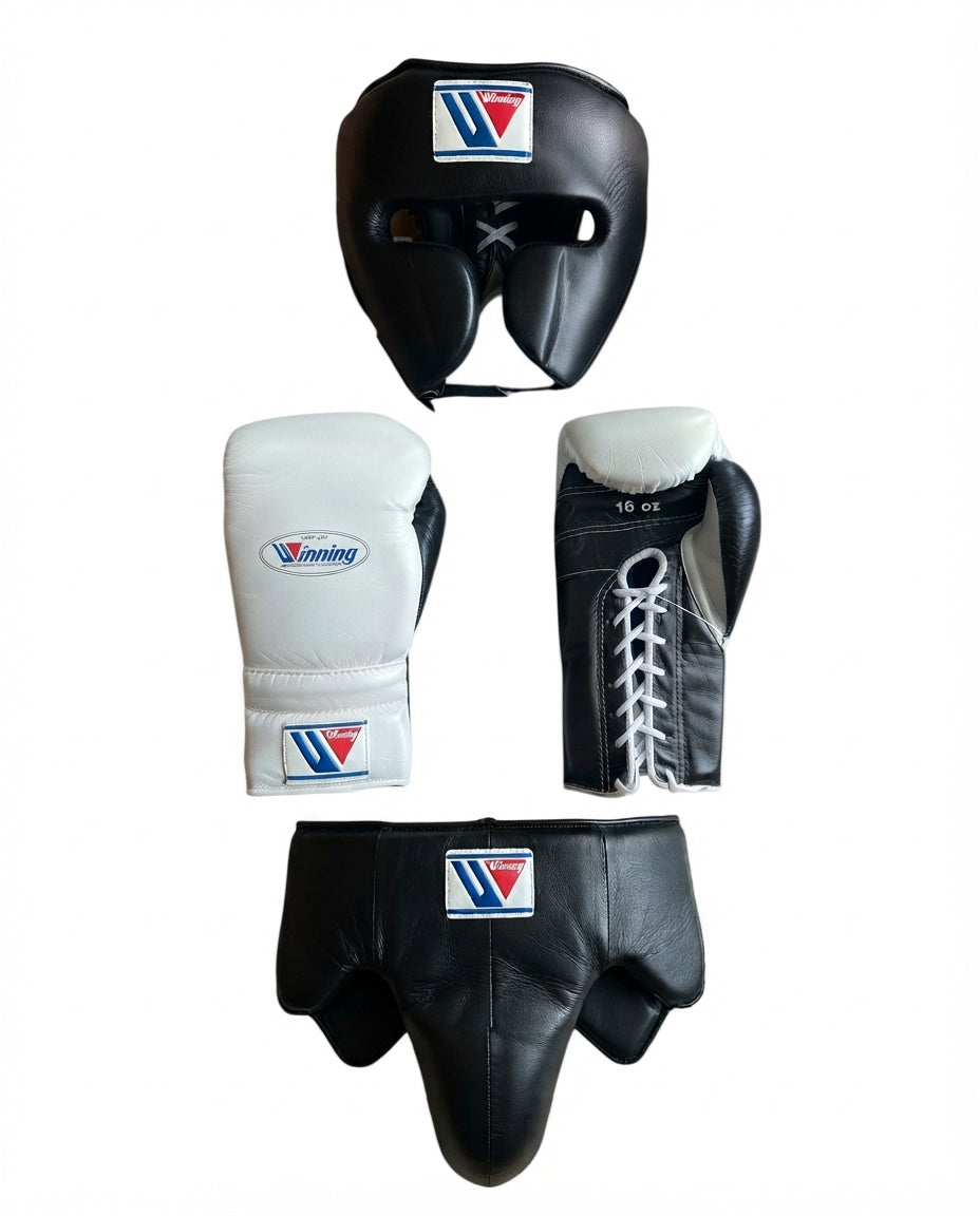 Winning Boxing Sets Black/White Gloves and Mitts Combo for Pad Work
