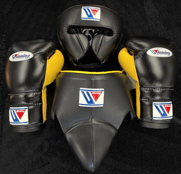 Winning Boxing Set Black/Yellow 14oz Gloves with Headguard Training Kit