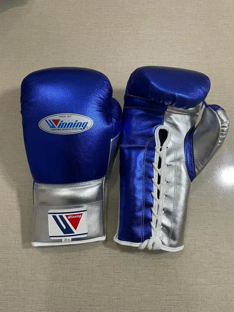 Winning Leather Boxing Set Blue/Silver Gloves View