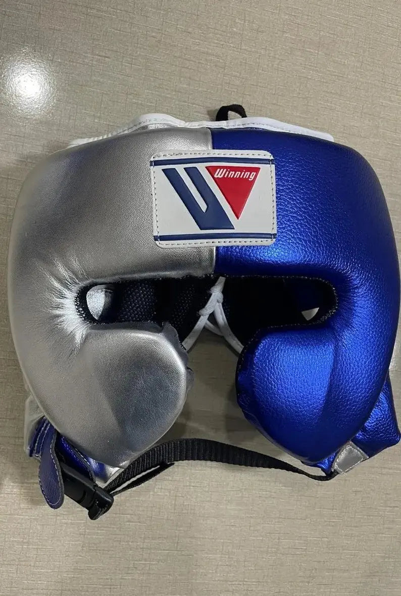Winning Leather Boxing Set Blue/Silver Headguard
