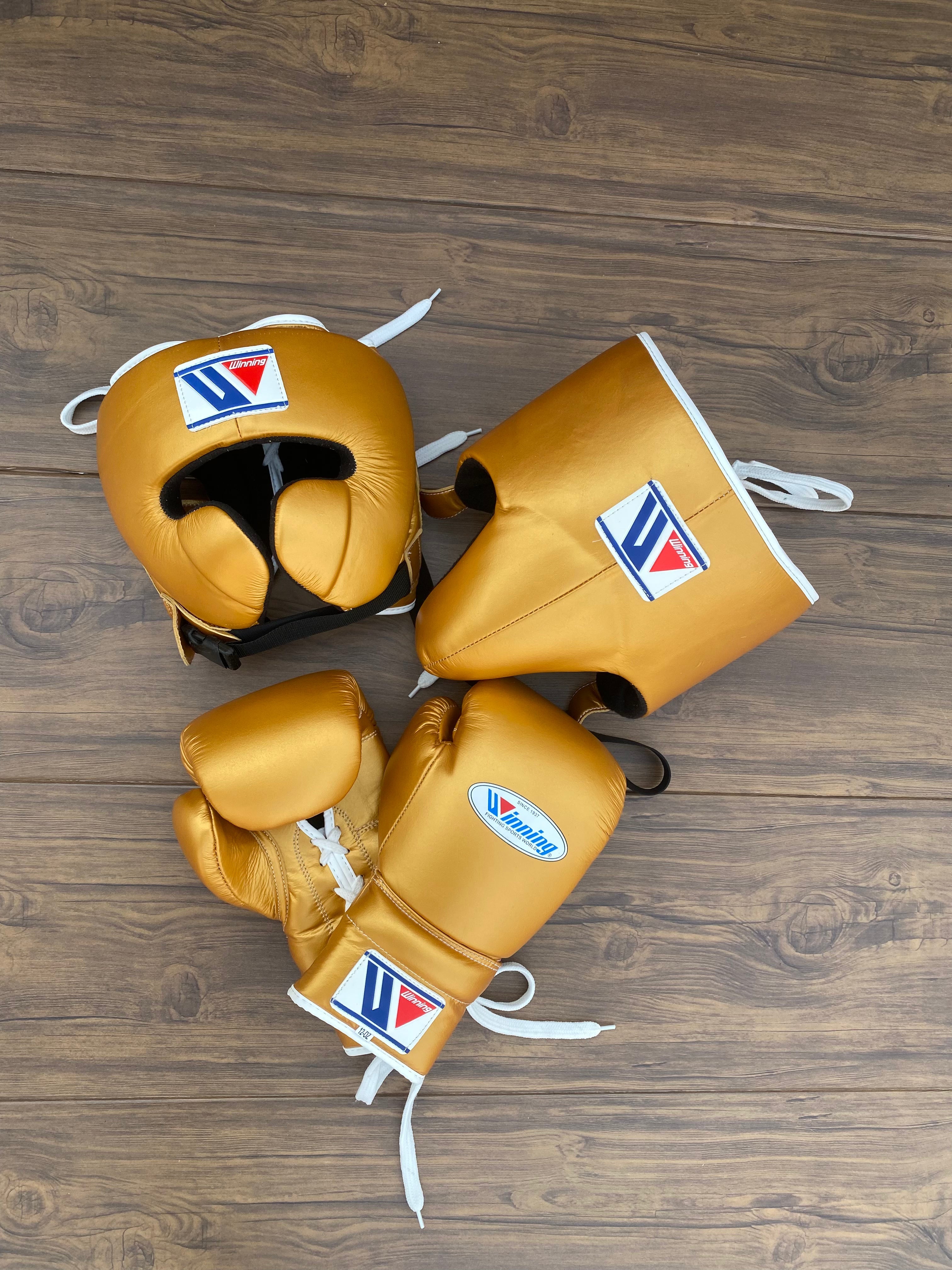 Winning Boxing Set Gold 14oz Gloves with Headguard  Full View