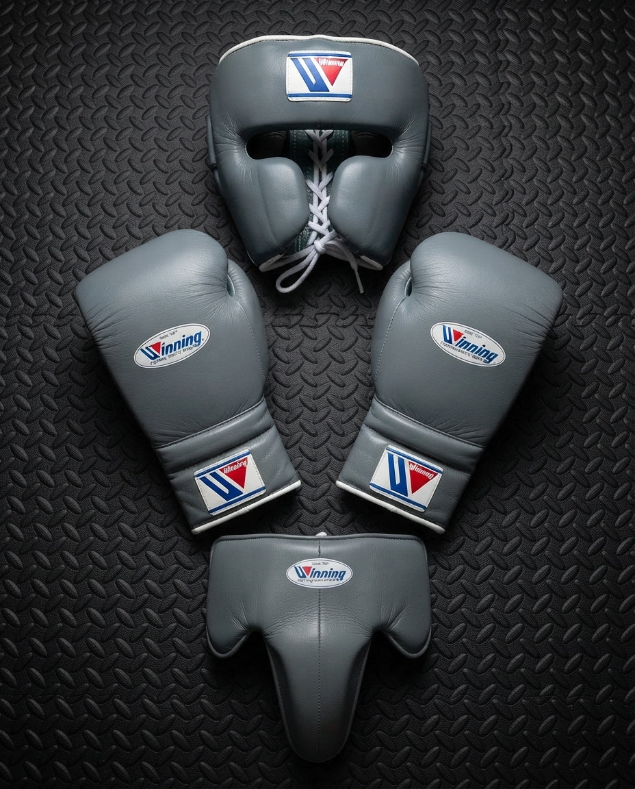 Winning Boxing Sets Grey Leather Gloves and Mitts for Sparring
