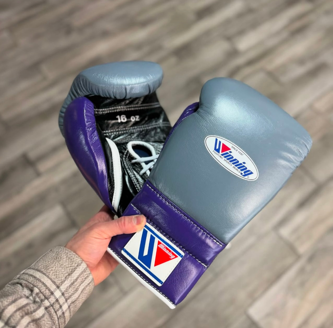 Winning Boxing Set Grey/Purple/Black Gym Training Gloves Back View