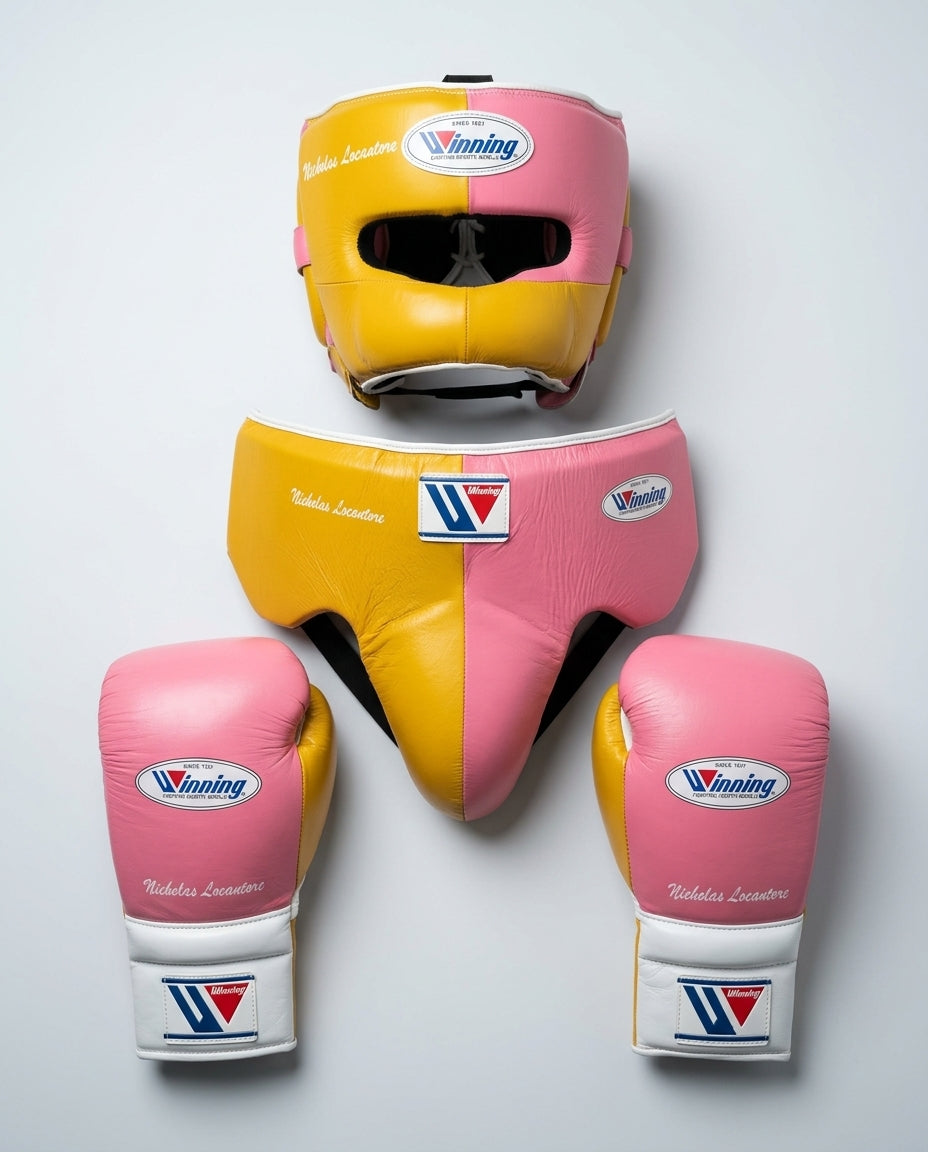 Winning Boxing Sets Pink/Yellow/White Leather Gloves and Mitts for Sparring