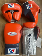 Winning Boxing Set Orange/Silver/Blue/Brown Lace-Up Gloves Headguard Kit