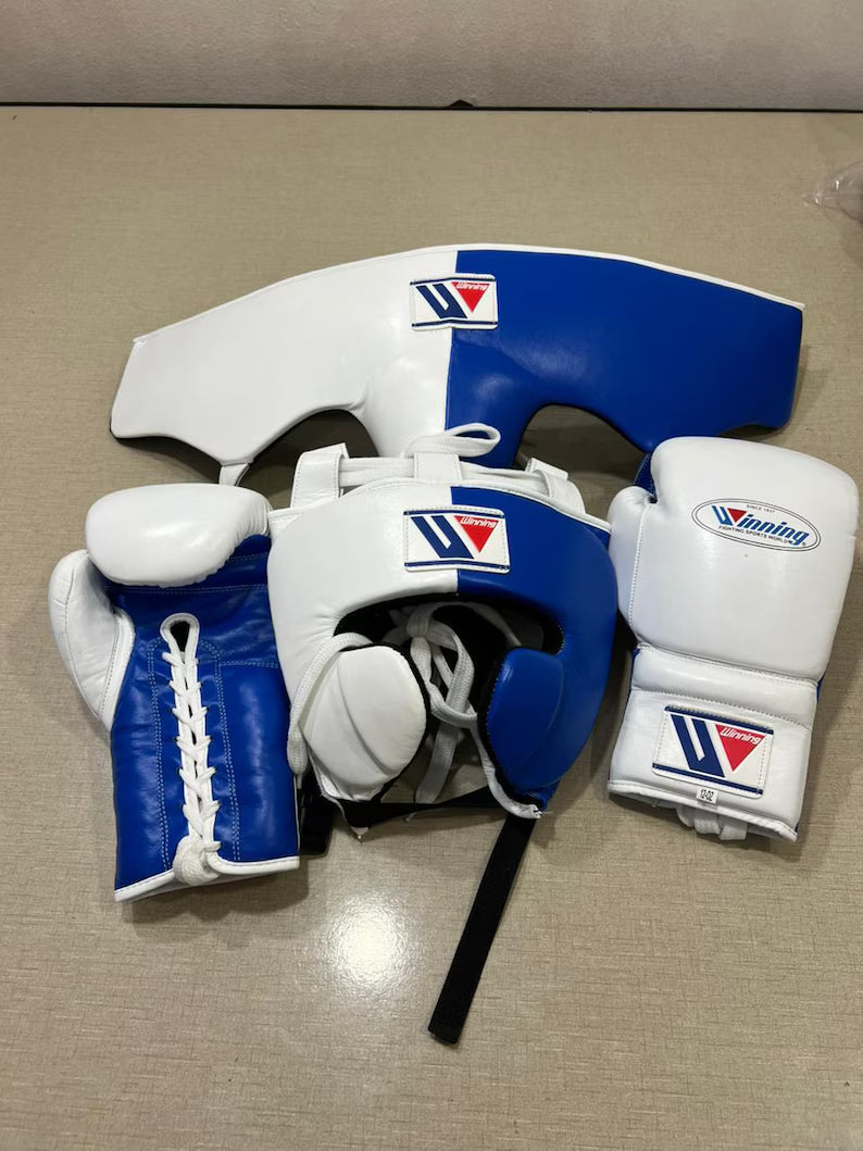 Winning White/Blue Boxing Set Heavy Duty Gloves Training Collection