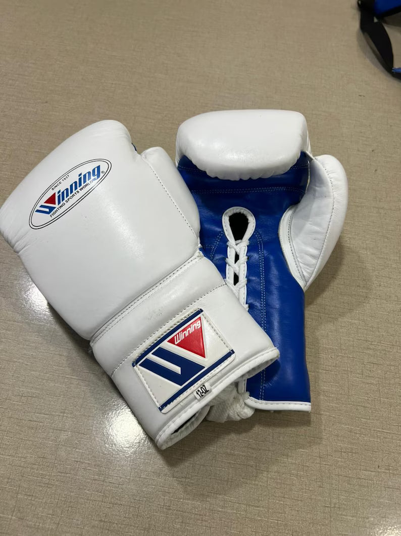 Winning White/Blue Boxing Set Heavy Duty Gloves Back View