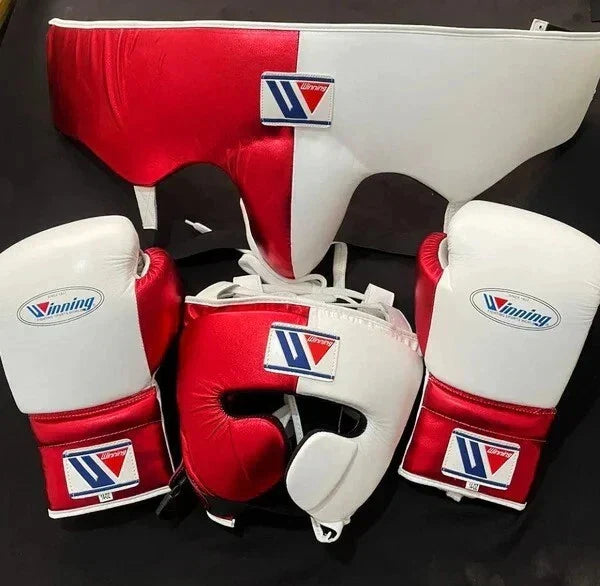 Winning Boxing Set White/Red Gym Training Gloves Headguard