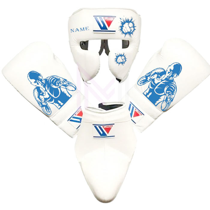 Winning White/Blue Full Boxing Set Gloves Headguard Groin Guard