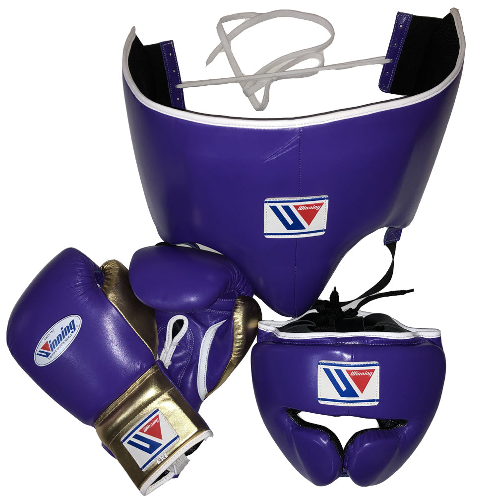 Winning Boxing Set Purple/Gold Gym Training Gloves Headguard