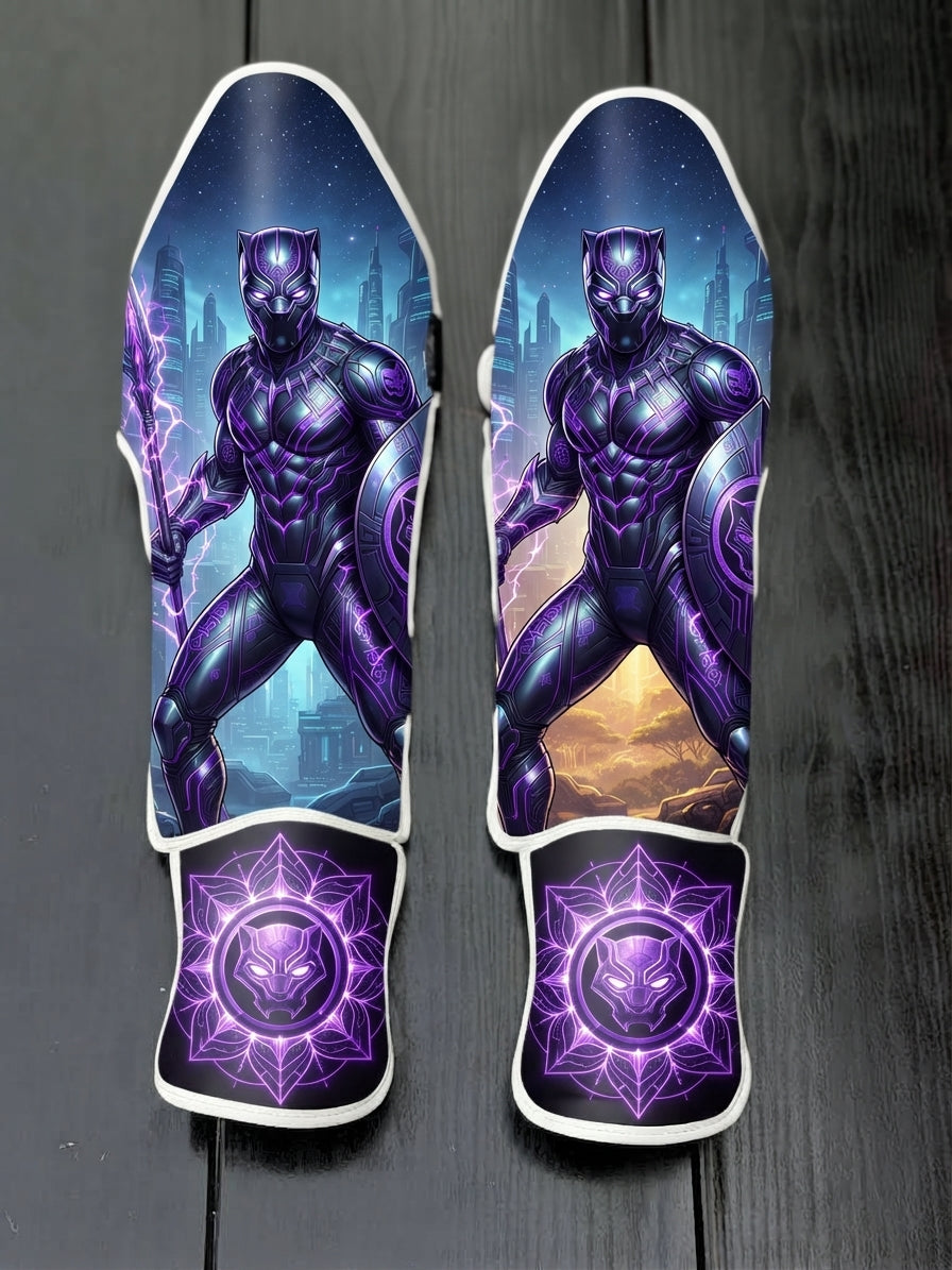 Custom Black Panther superhero design with purple glowing vibranium armor, spear, shield, Wakanda skyline background, and glowing panther mask emblem soccer shin guards displayed on a dark surface.