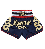 Professional grade blue/gold/white/red Thai boxing shorts side angle