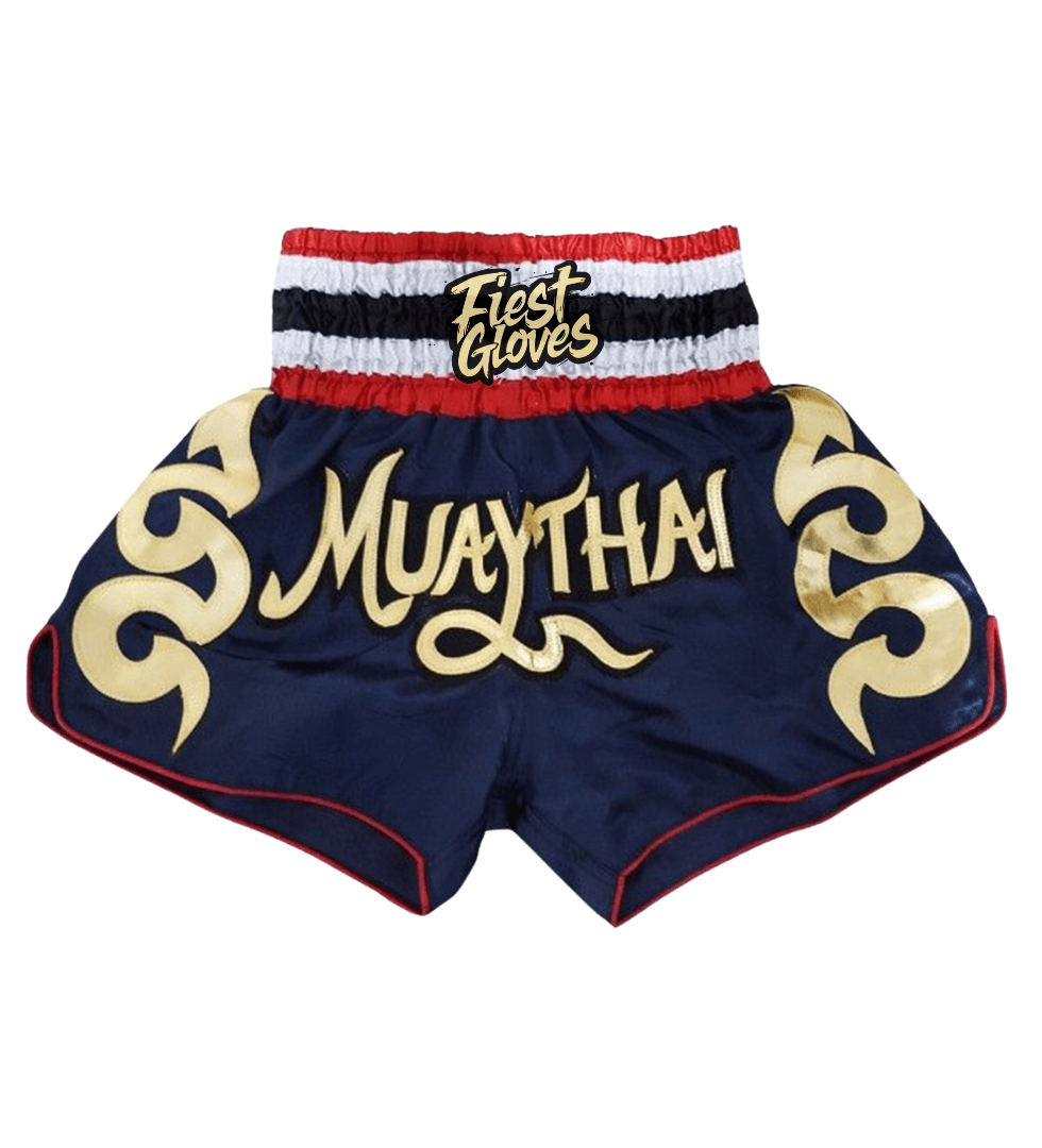 Professional grade blue/gold/white/red Thai boxing shorts side angle