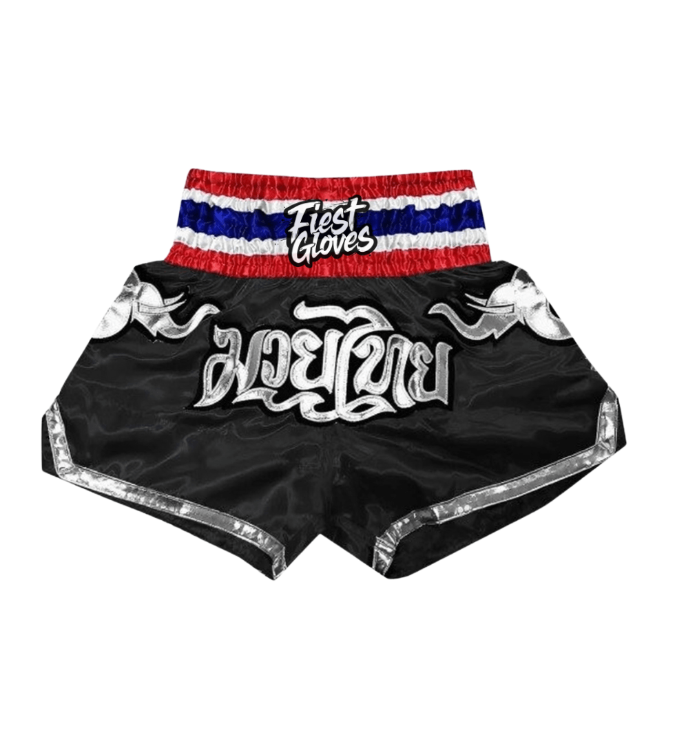 Fighter wearing black/silver/red/blue boxing shorts during training session