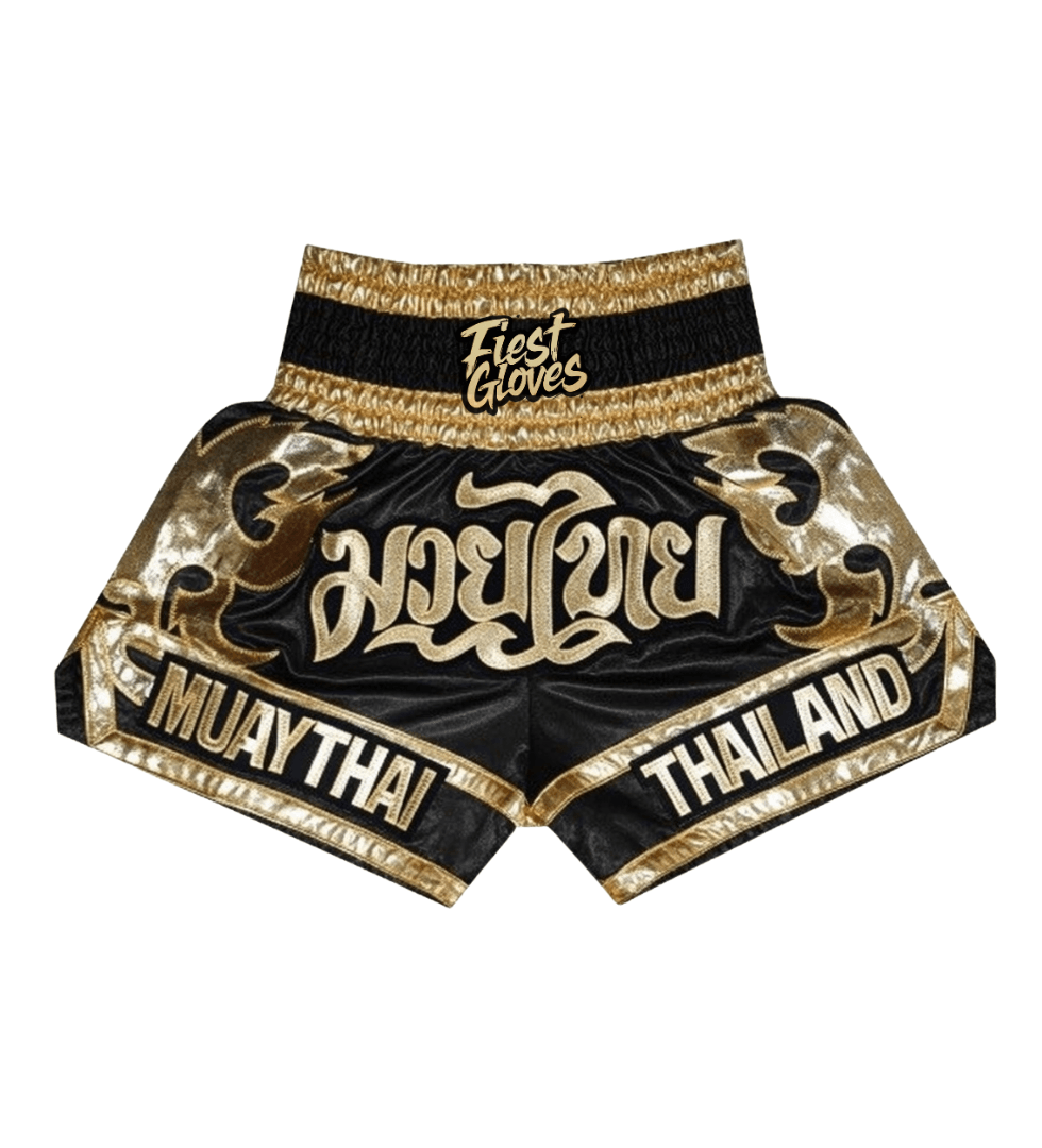 black/gold combat sports shorts laid flat showing full length