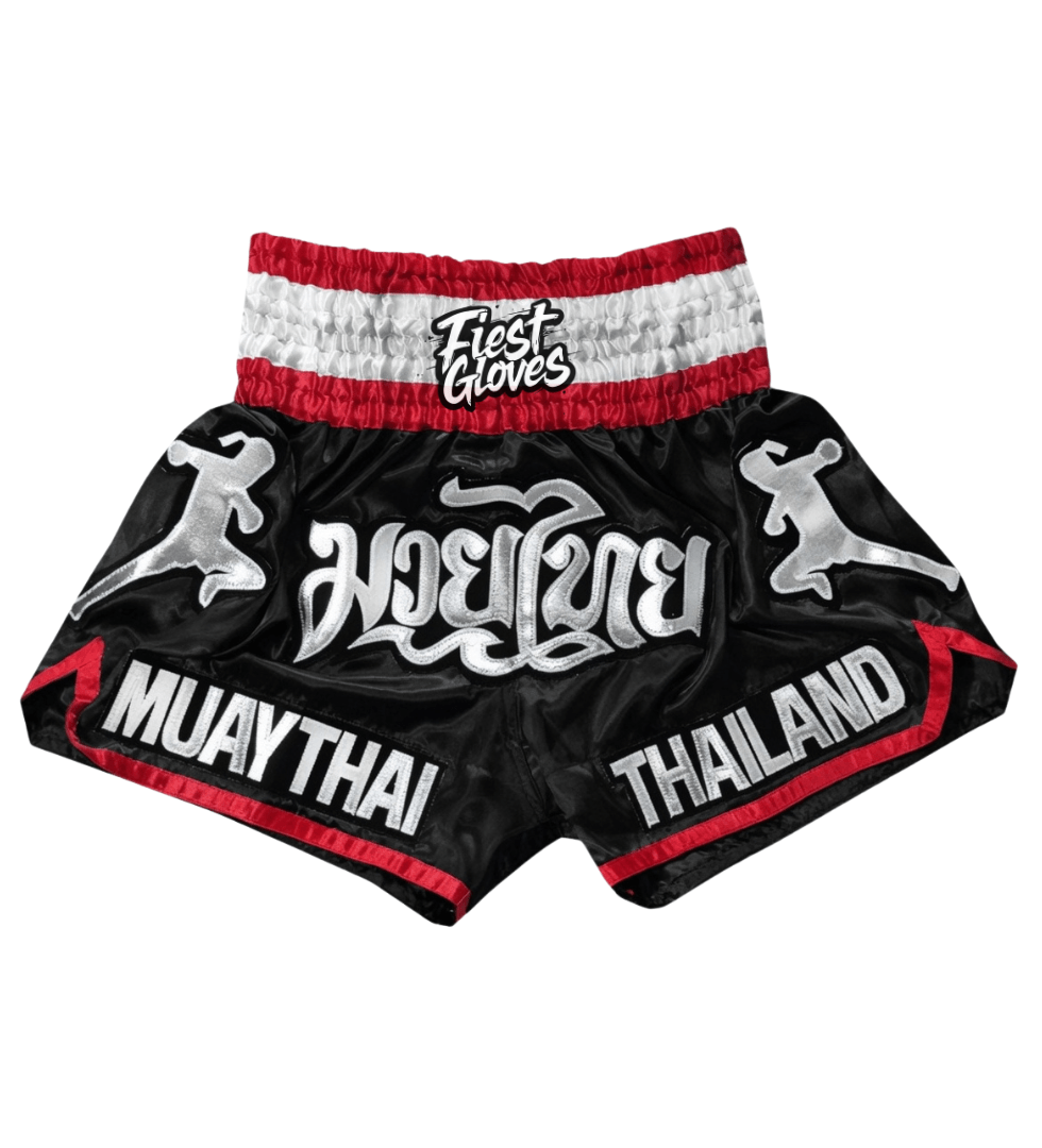 Lightweight quick-dry Black/Silver/Red fight shorts for boxing and MMA