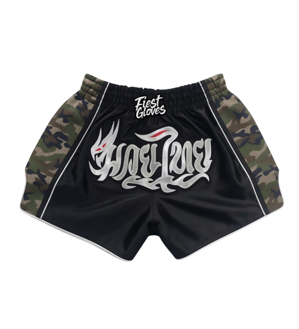 Black Muay Thai kickboxing shorts elastic waistband close-up
