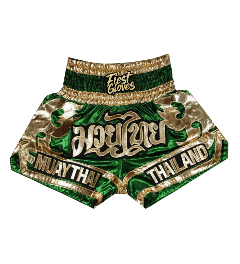 Premium green/gold boxing shorts available in small medium large xl
