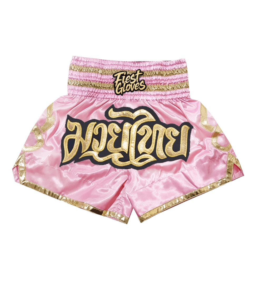 Fighter wearing Pink/Gold boxing shorts during training session