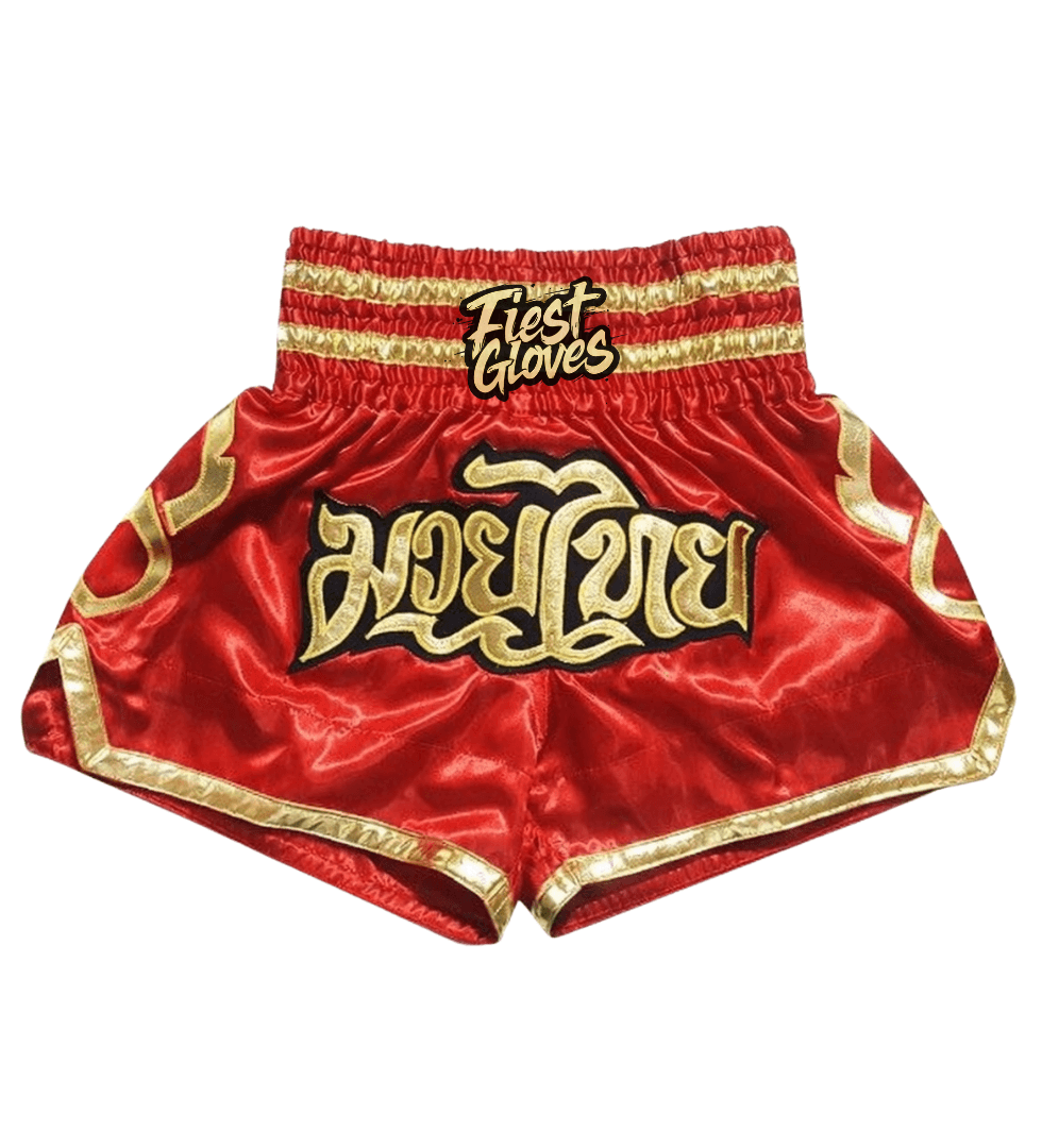 Men's athletic red/Gold boxing shorts perfect for kickboxing training