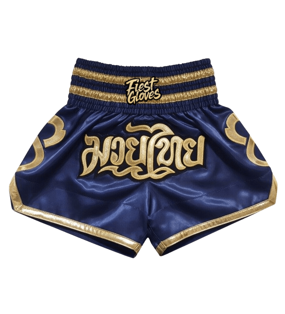 Royal Blue/Gold Muay Thai kickboxing shorts elastic waistband close-up