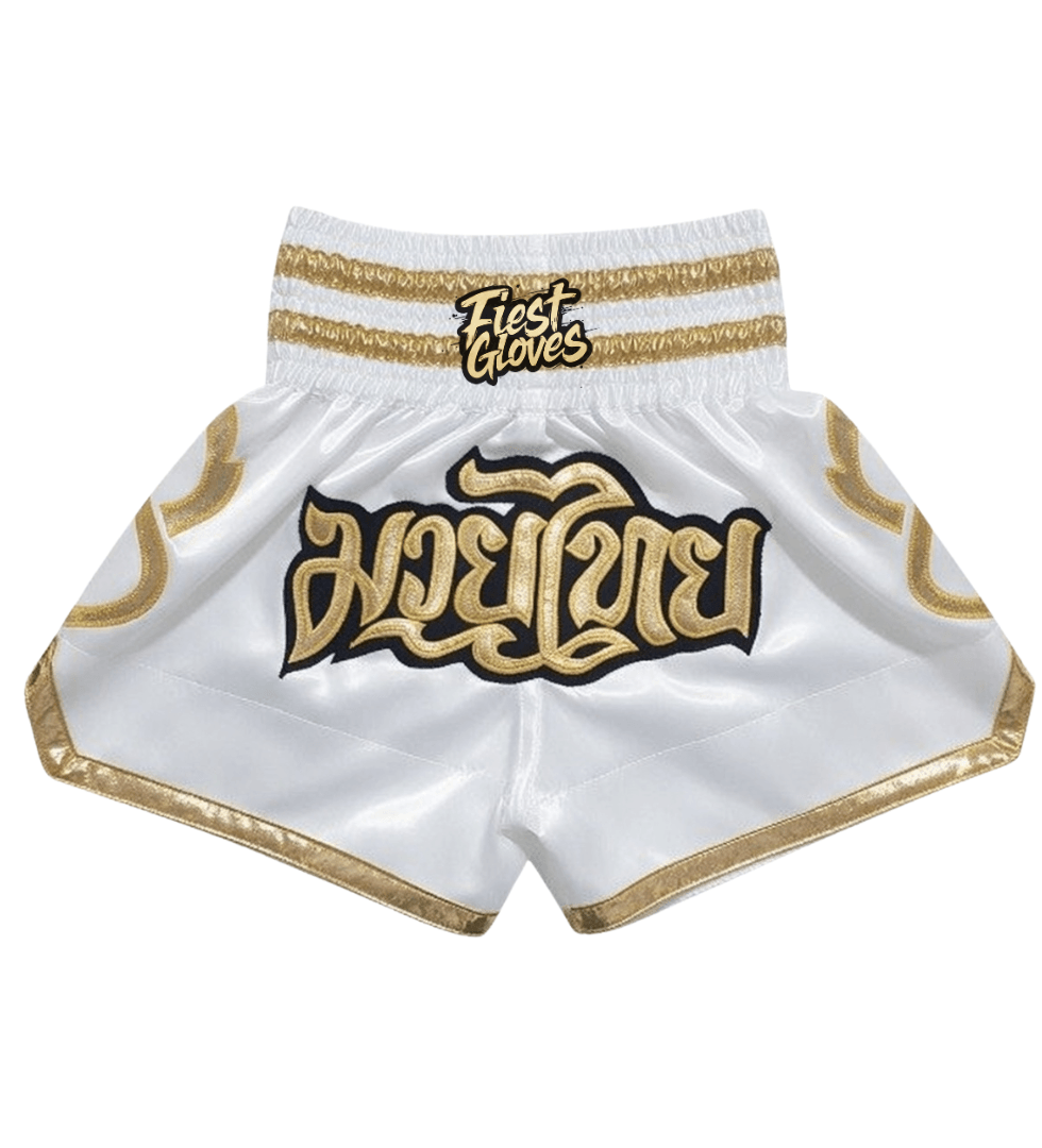 Men's white/Gold satin boxing shorts with high side splits size medium
