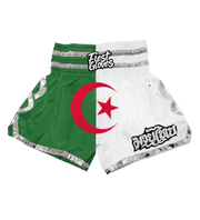 White/Green/Red combat sports shorts laid flat showing full length