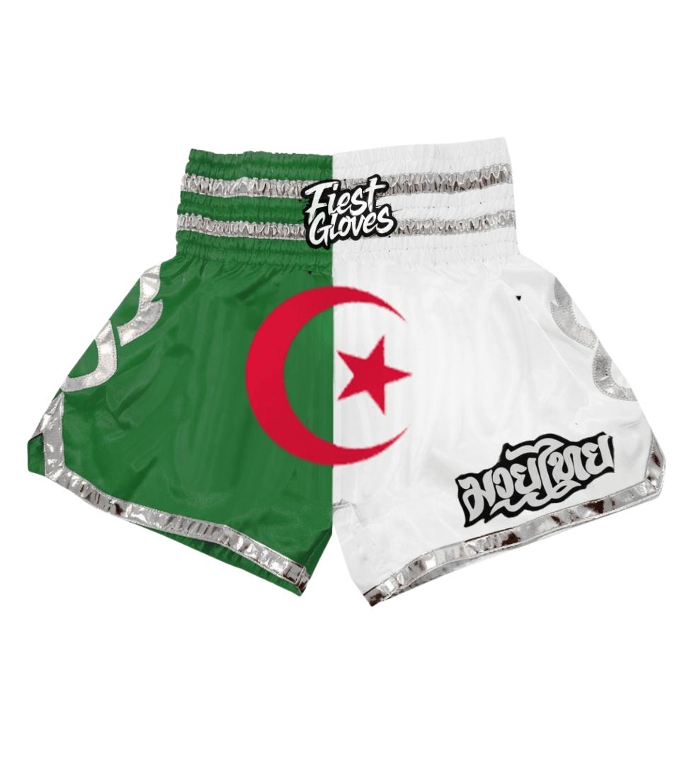 White/Green/Red combat sports shorts laid flat showing full length