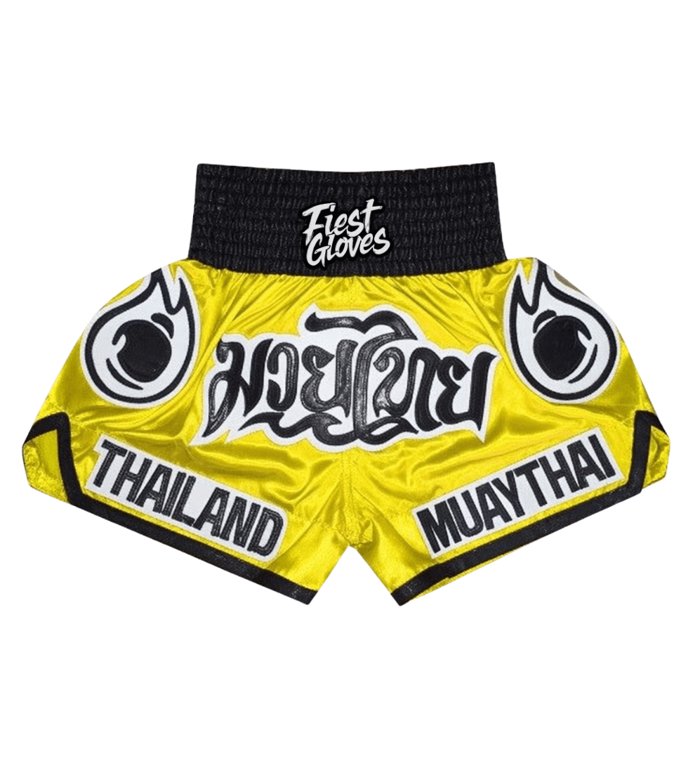Back view of yellow/black/white boxing shorts showing logo and fit