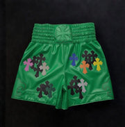 Chrome Hearts inspired boxing shorts side split view showing dagger motif