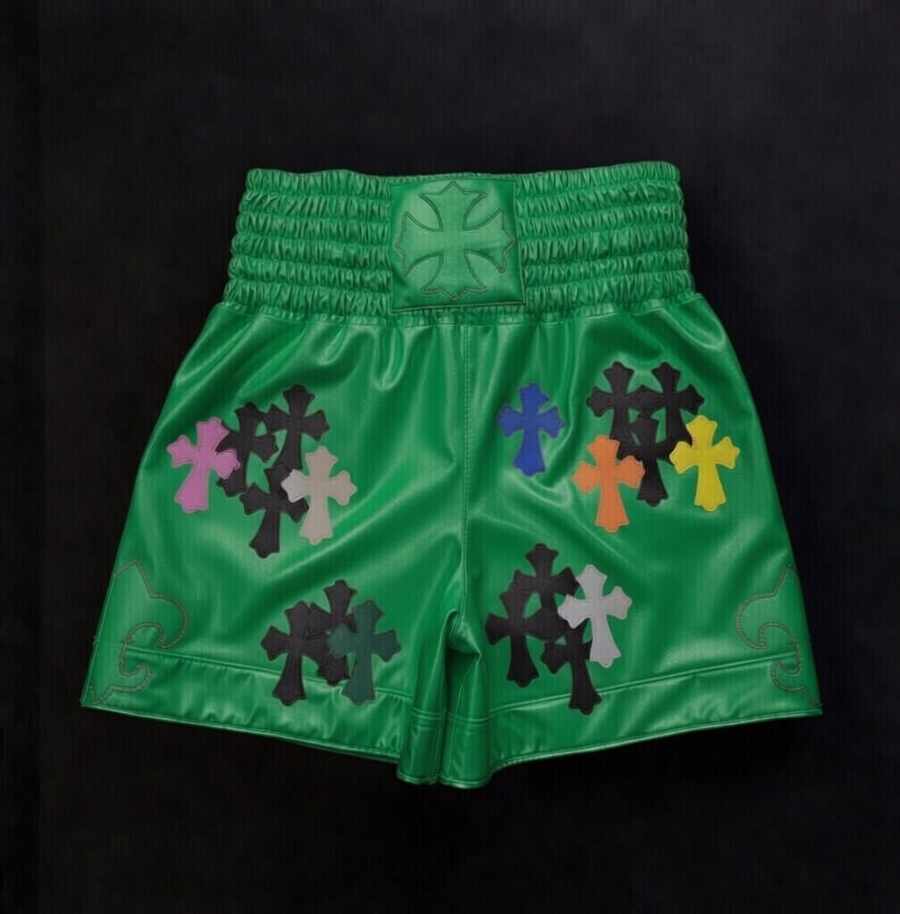 Chrome Hearts inspired boxing shorts side split view showing dagger motif