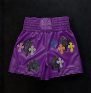 Purple satin Chrome Hearts style fight shorts with crosses