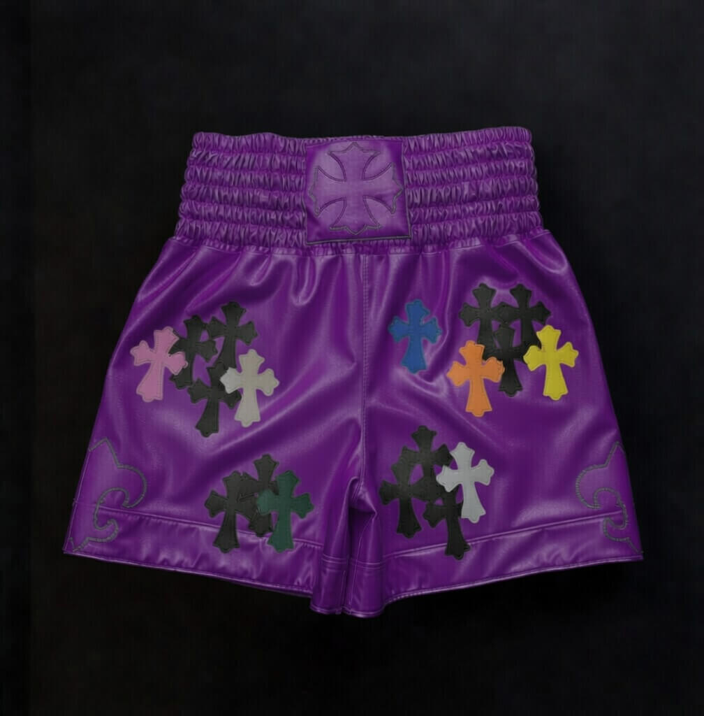 Purple satin Chrome Hearts style fight shorts with crosses