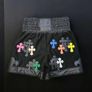 Luxury Chrome Hearts style Muay Thai shorts with ornate cross and flame design