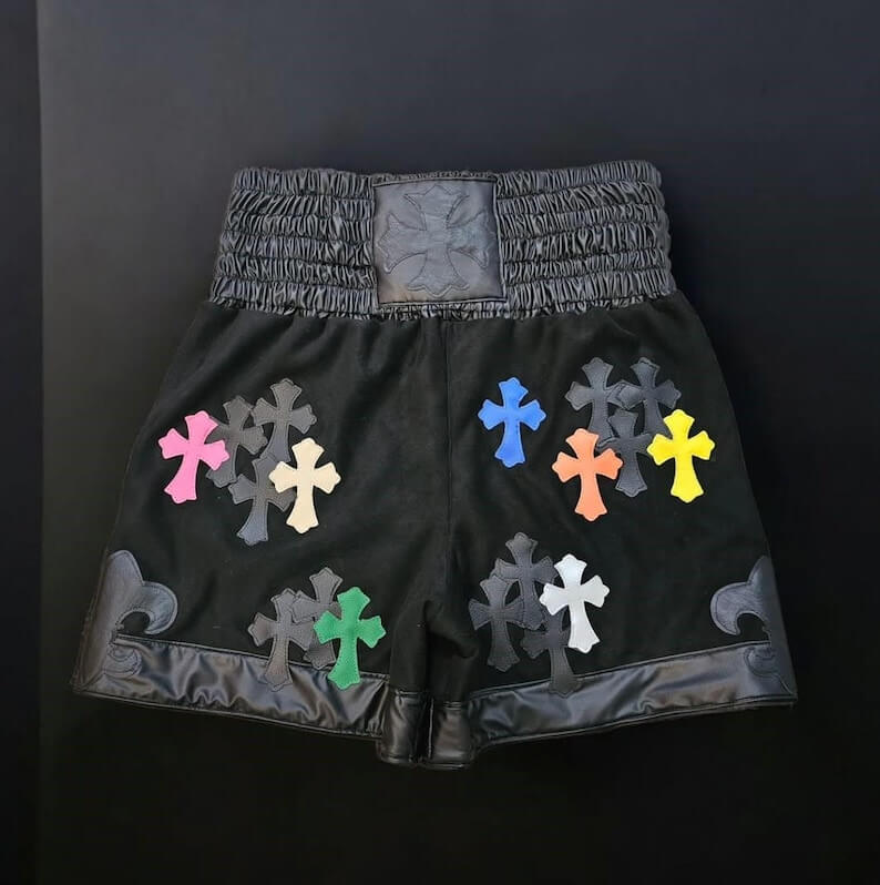 Luxury Chrome Hearts style Muay Thai shorts with ornate cross and flame design