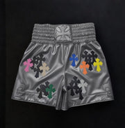 Chrome Hearts inspired grey boxing shorts with silver cross detailing