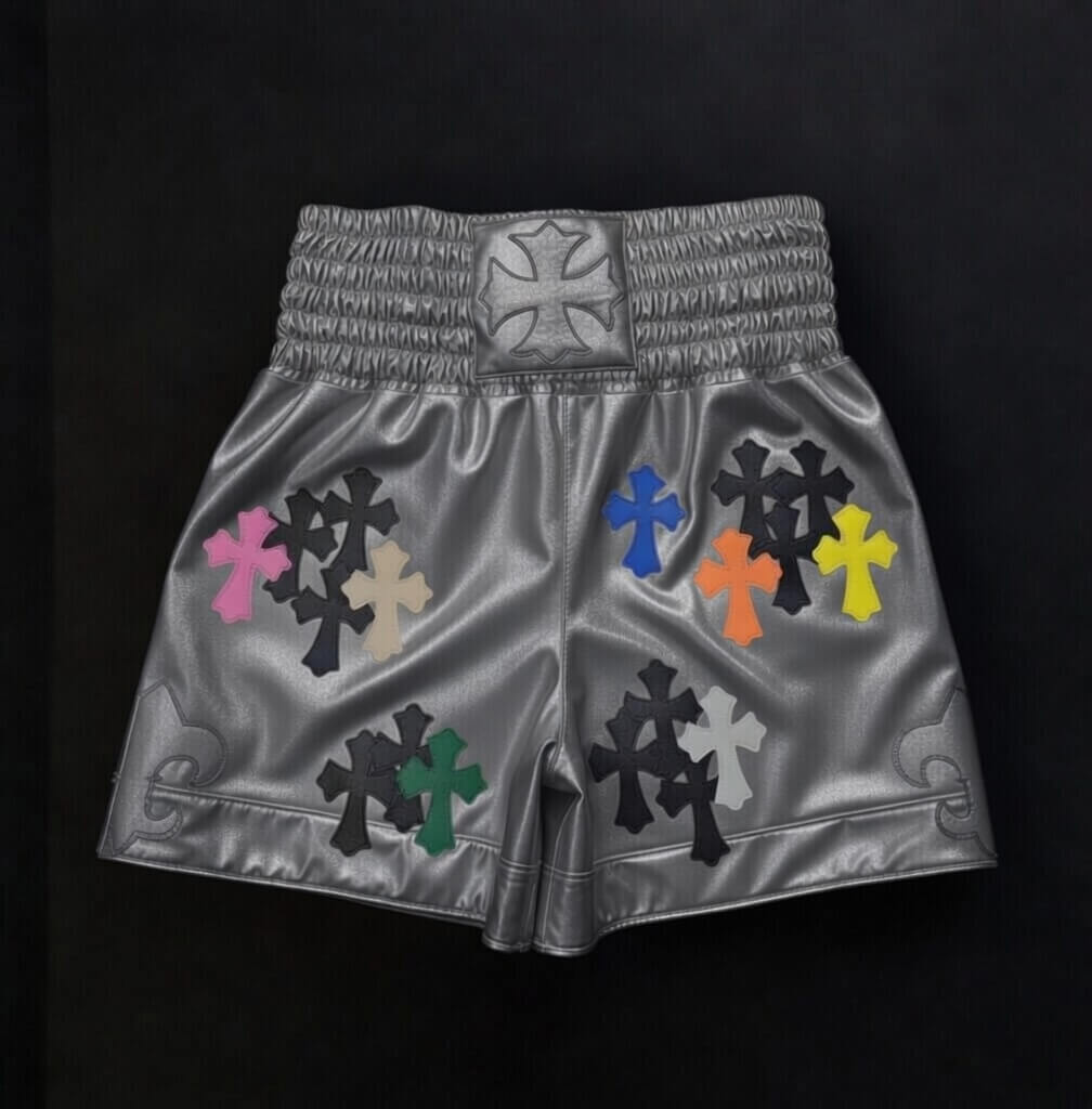 Chrome Hearts inspired grey boxing shorts with silver cross detailing