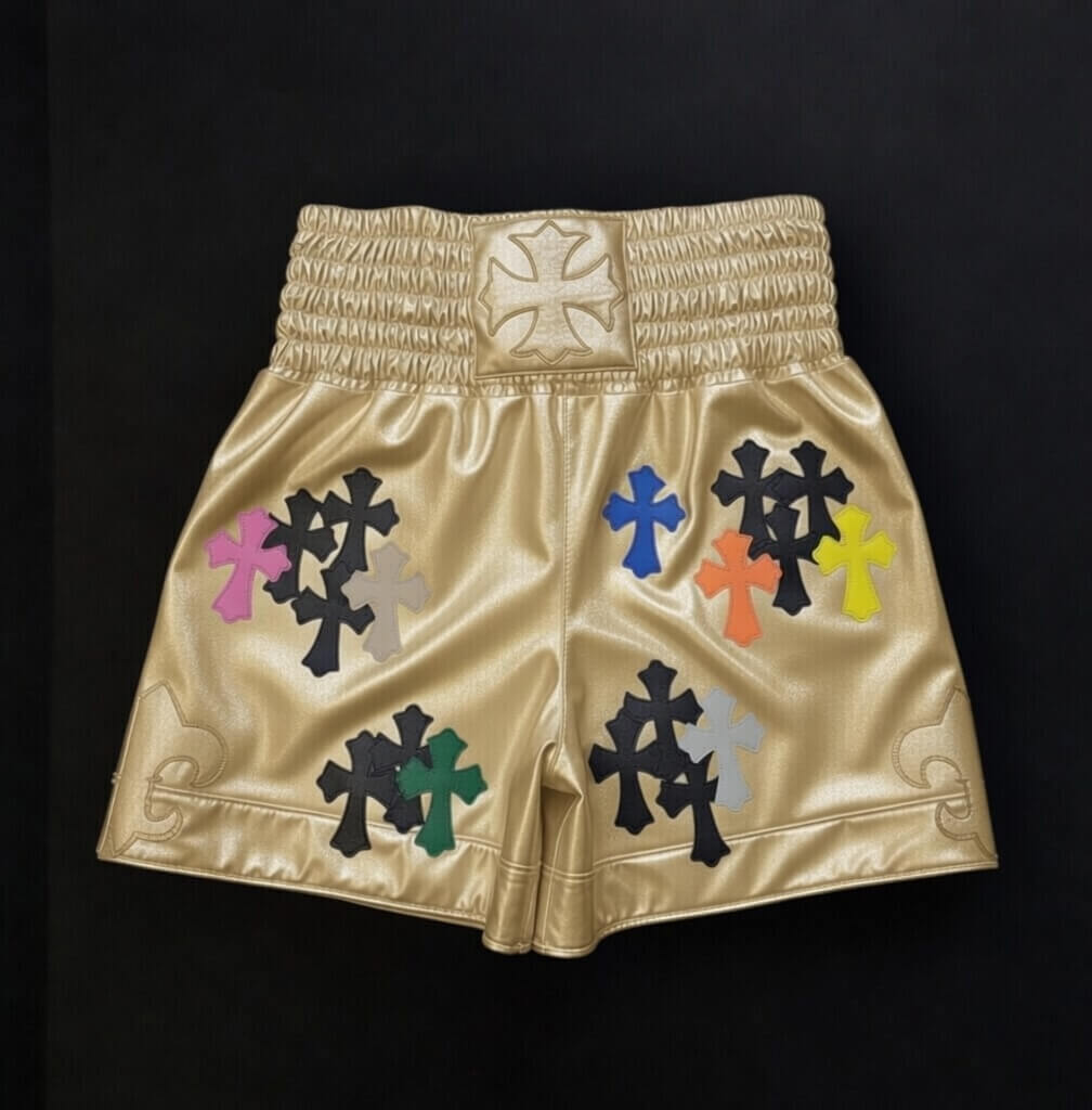 High-end Chrome Hearts style MMA training shorts back view with logo print