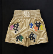 High-end Chrome Hearts style MMA training shorts back view with logo print