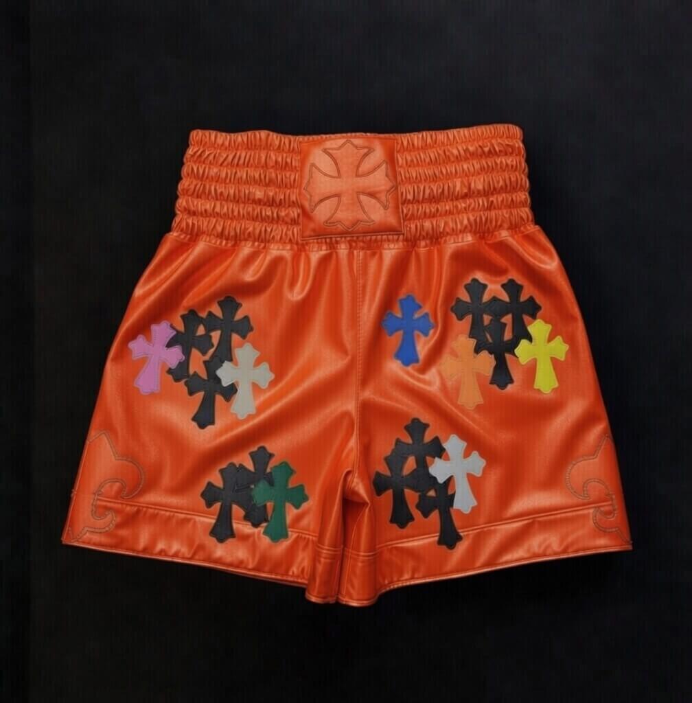Premium gothic Chrome Hearts style kickboxing shorts elastic waistband close-up