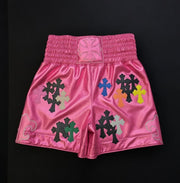 Men's Chrome Hearts inspired gothic boxing shorts pink with silver hardware details