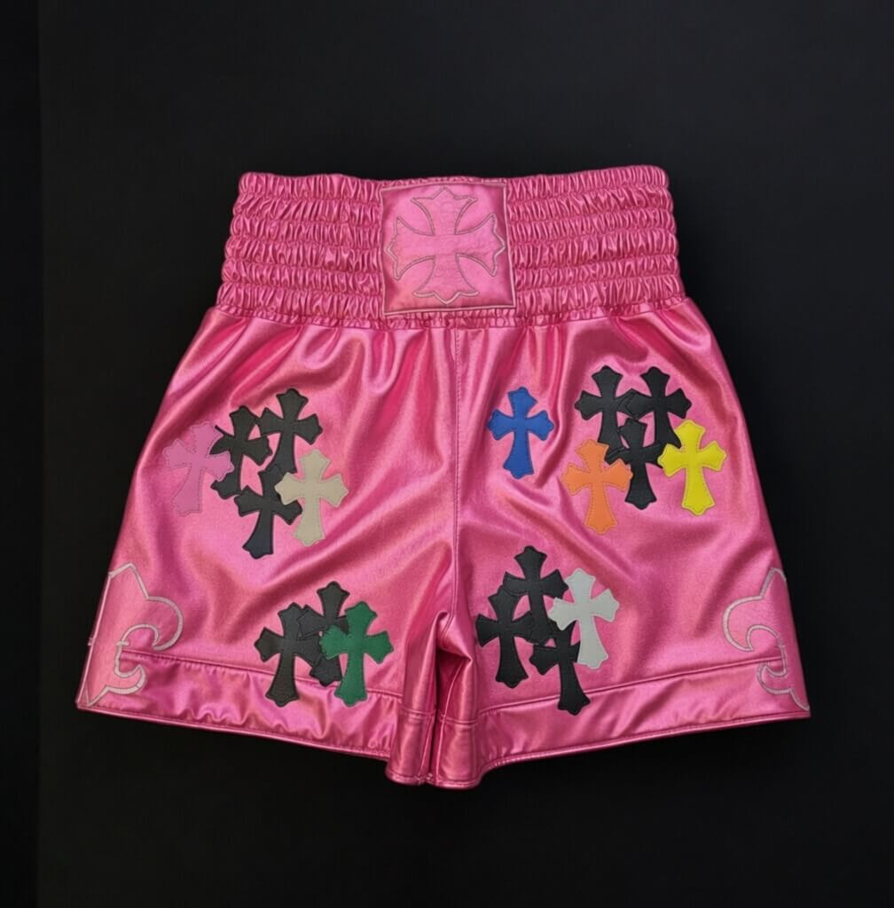 Men's Chrome Hearts inspired gothic boxing shorts pink with silver hardware details