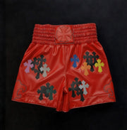Luxury Chrome Hearts style Muay Thai shorts with ornate cross and flame design