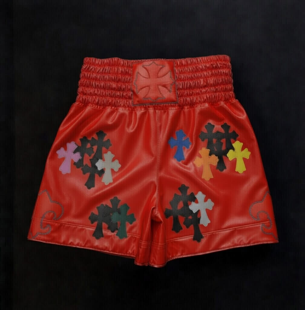 Luxury Chrome Hearts style Muay Thai shorts with ornate cross and flame design