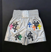 Chrome Hearts style silver boxing shorts with silver cross and dagger print front view