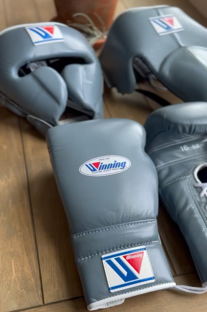 Winning boxing gloves set, Winning grey Boxing Gear, Winning Head Guard, Winning Groin Guard,