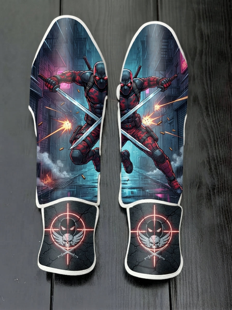 Custom Deadpool superhero design with dark tactical red and black suit, crossed katanas, alleyway action scene, gun sparks, and target skull emblem soccer shin guards displayed on a dark surface.