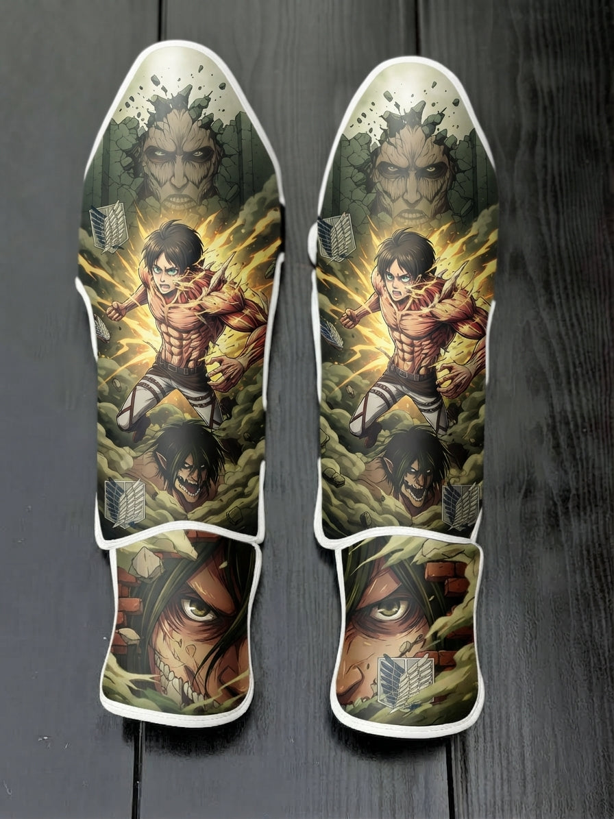 Custom Eren Yeager Attack Titan transformation anime design with lightning, Survey Corps wings, and wall peering titan soccer shin guards displayed on a dark surface.