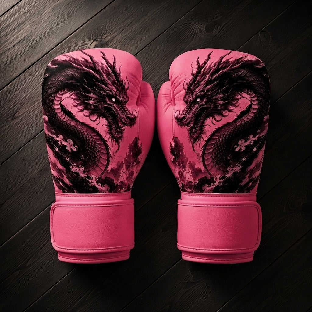 Pink Fiest Gloves boxing gloves featuring a detailed black ink dragon design resting on a dark wooden surface.