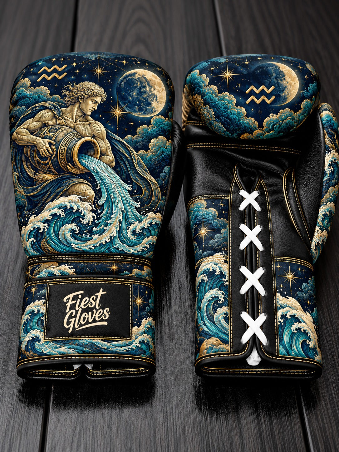 Fiest Gloves Aquarius Zodiac edition custom boxing gloves with celestial water bearer design.